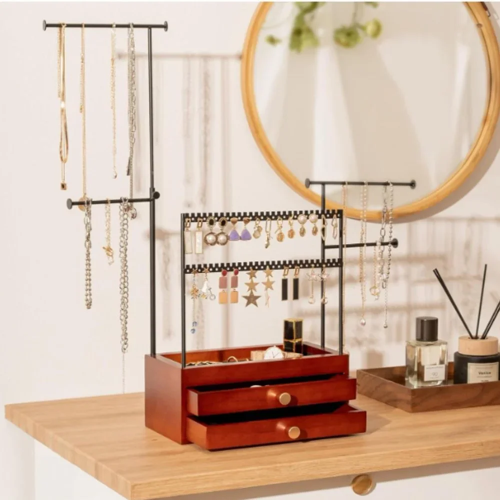 5-Tier Jewelry Stand - Earring Holders - Necklace Towers + 2 Wooden Drawers